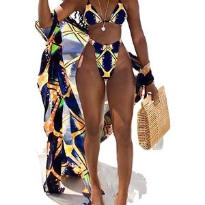 3PCS Color Block Bikini Set With Cover Up